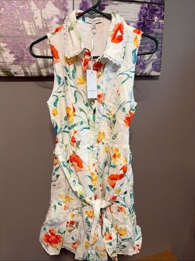 Prosperina Floral Sleeveless Midi Dress in White with Orange & Yellow Blooms NWT